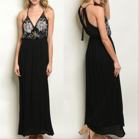 Dresses & Skirts - BLACK SEQUIN AND EMBROIDERED MAXI DRESS